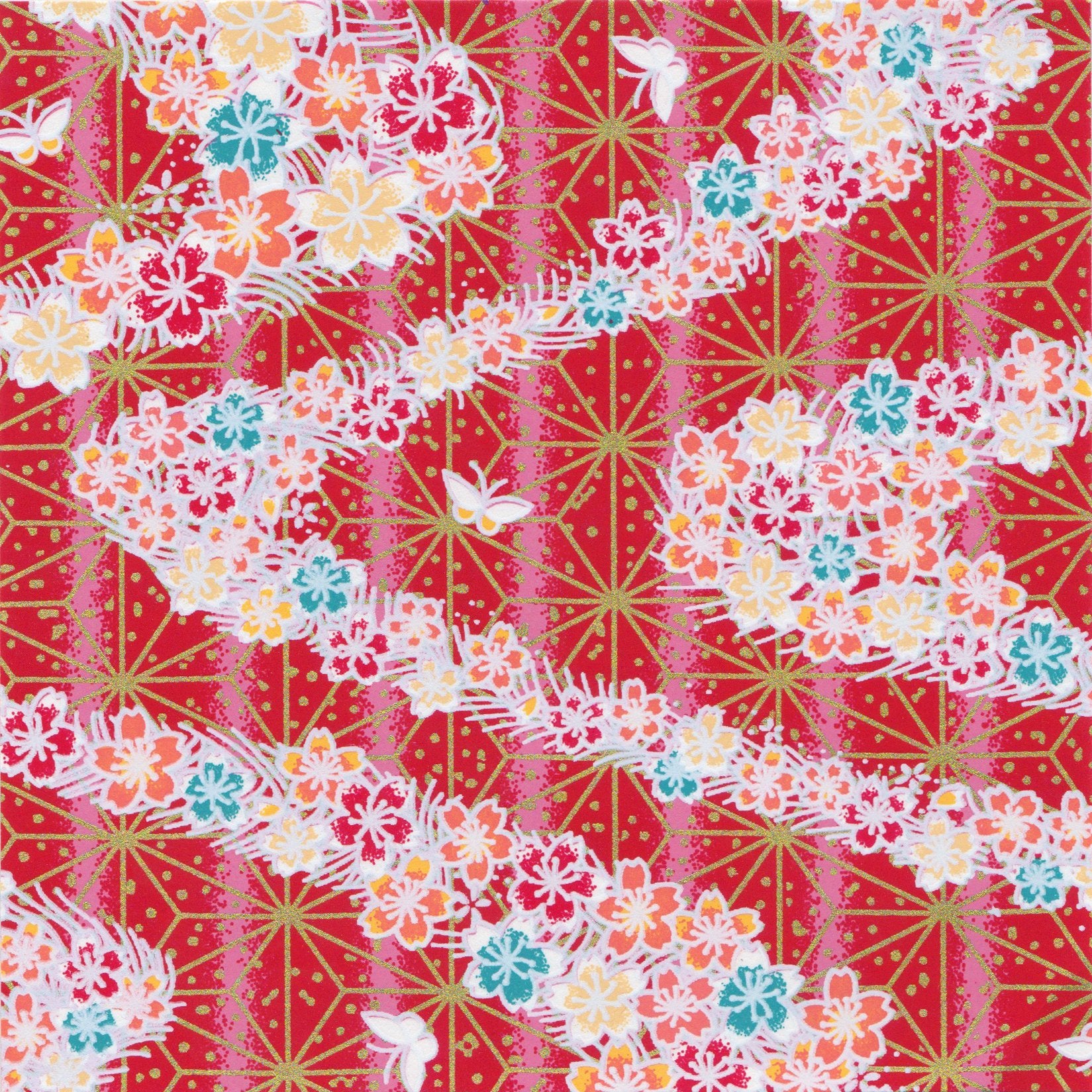 Pack of 20 Sheets 14x14cm Yuzen Washi Origami Paper HZ-480 - Cherry Blossom & Butterflies - washi paper - Lavender Home London