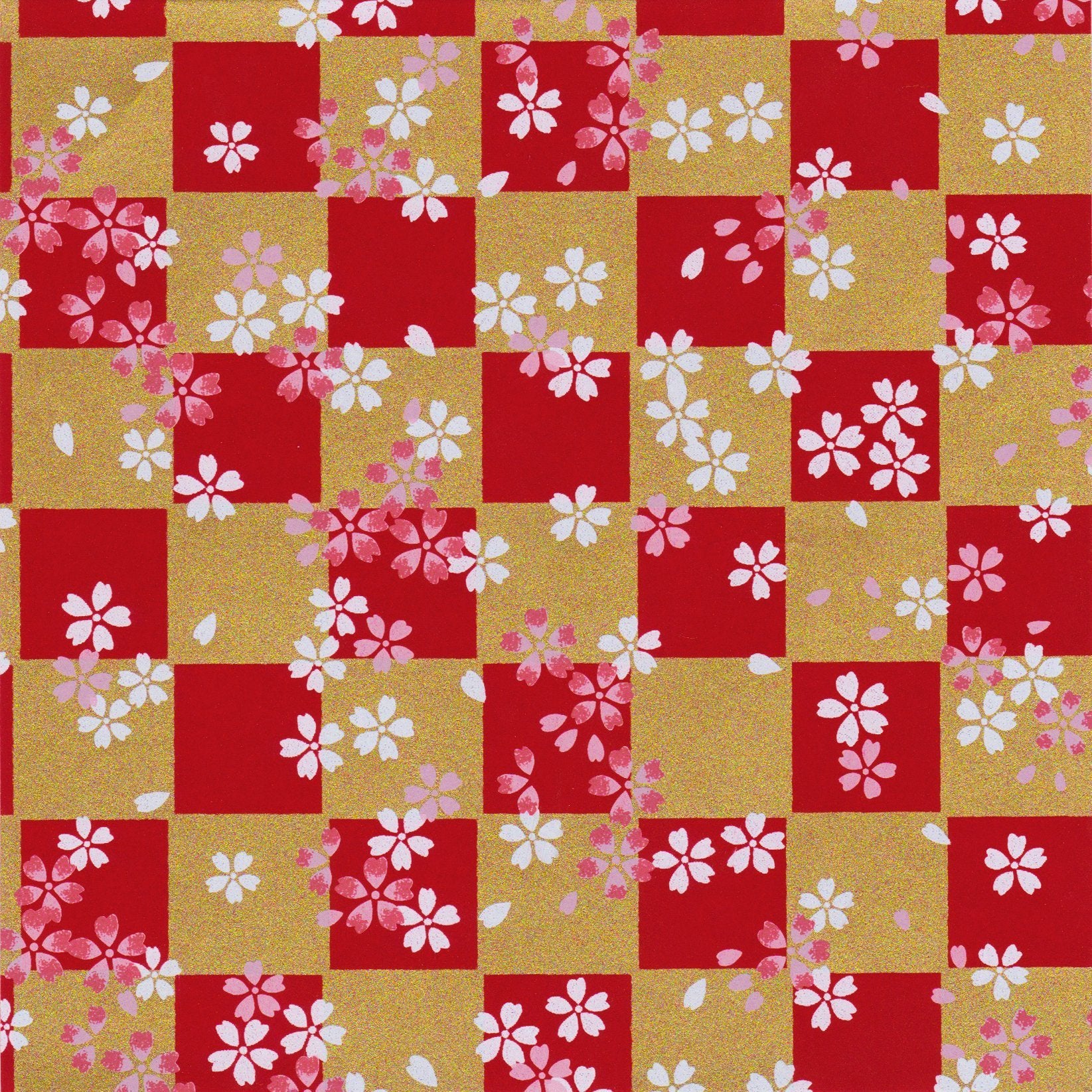 Pack of 20 Sheets 14x14cm Yuzen Washi Origami Paper HZ-483 - Cherry Blossom & Red Gold Checkerboard - washi paper - Lavender Home London