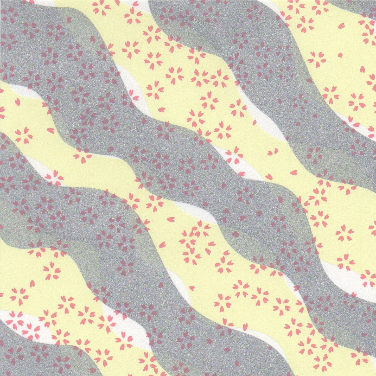 Pack of 20 Sheets 14x14cm Yuzen Washi Origami Paper HZ-489 - Small Cherry Blossom Yellow and Silver Waves - washi paper - Lavender Home London