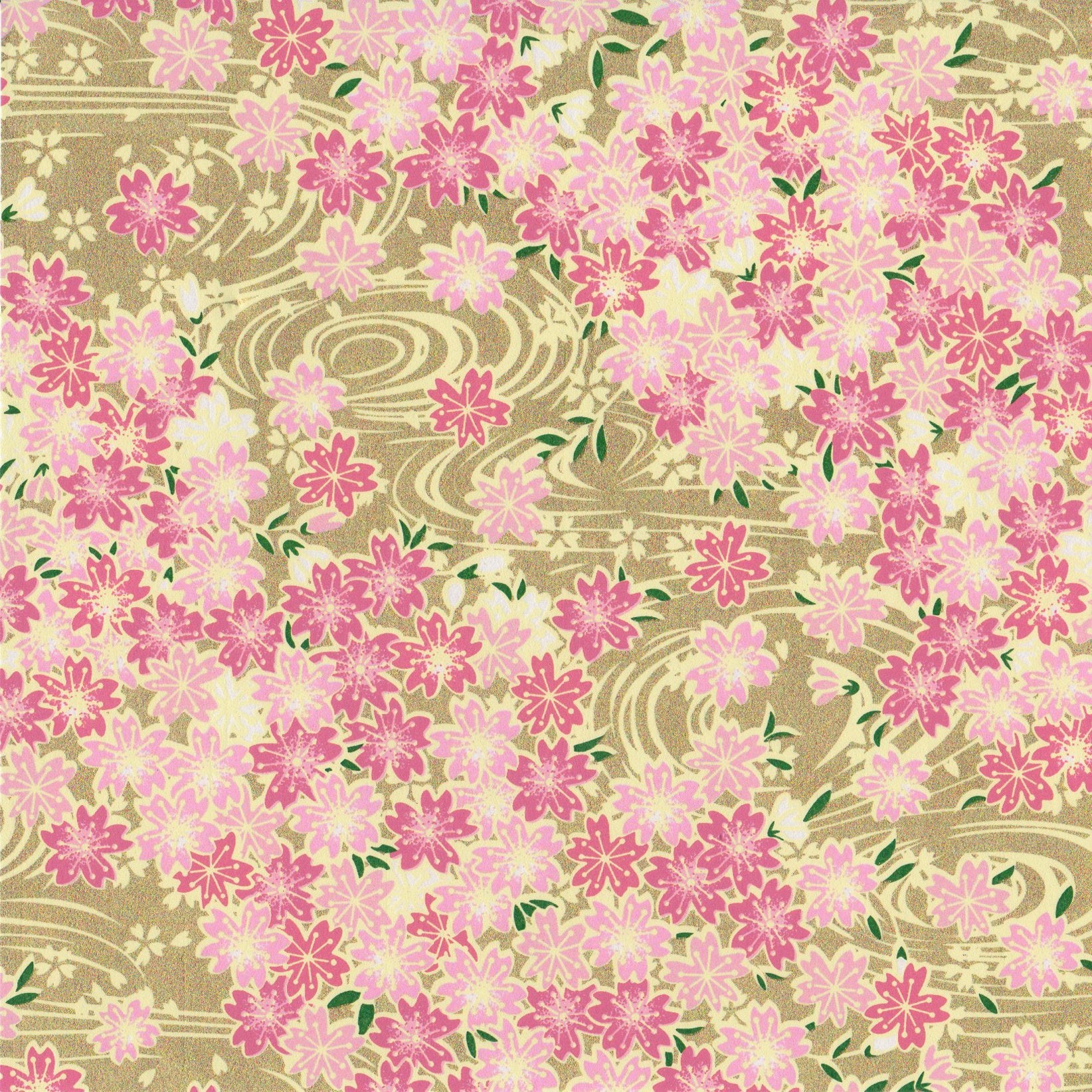 Pack of 20 Sheets 14x14cm Yuzen Washi Origami Paper HZ-492 - Cherry Blossom & Flowing Water Gold - washi paper - Lavender Home London