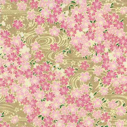 Pack of 20 Sheets 14x14cm Yuzen Washi Origami Paper HZ-492 - Cherry Blossom & Flowing Water Gold - washi paper - Lavender Home London