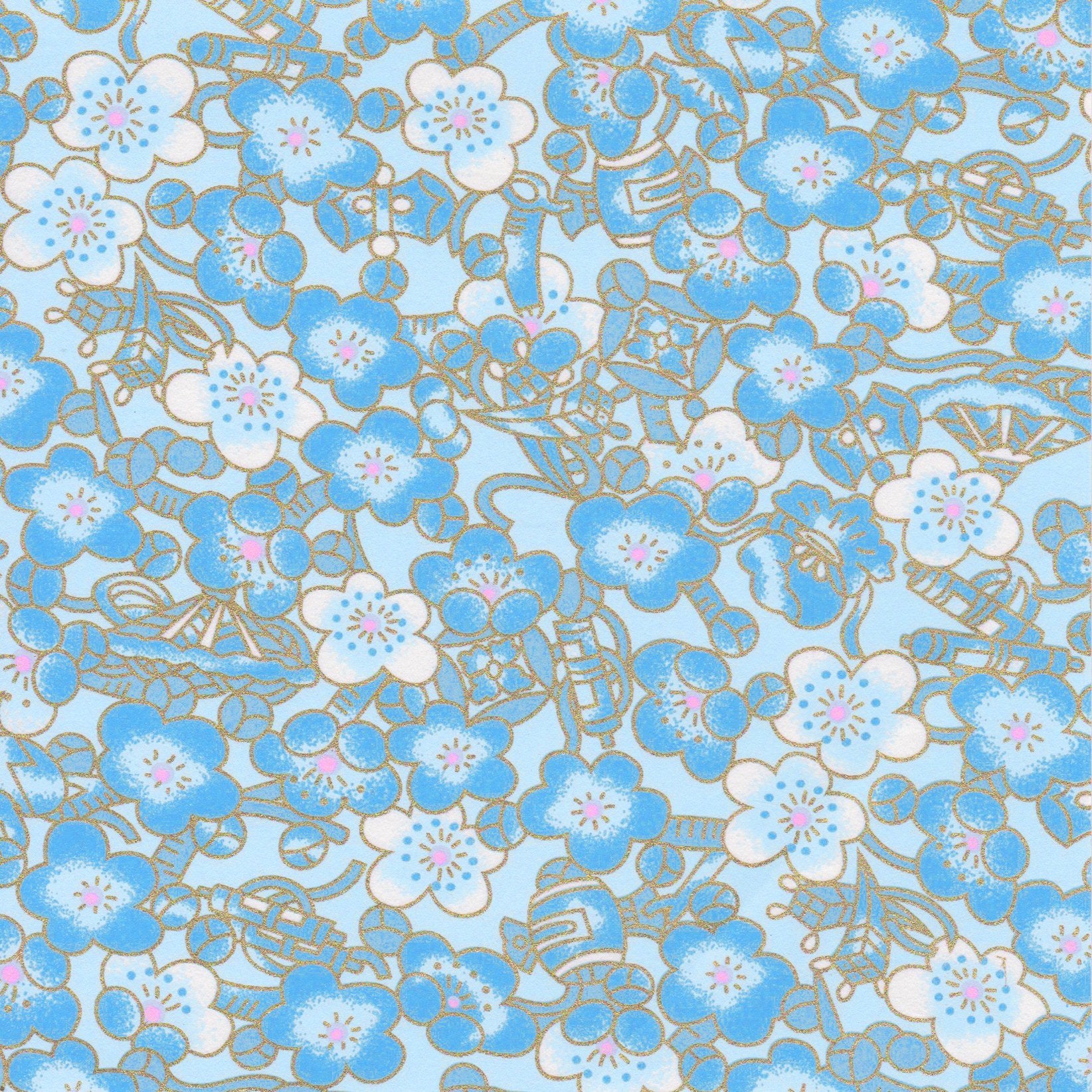 Pack of 20 Sheets 14x14cm Yuzen Washi Origami Paper HZ-500 - Cloudy Plum Flower Aqua Blue - washi paper - Lavender Home London