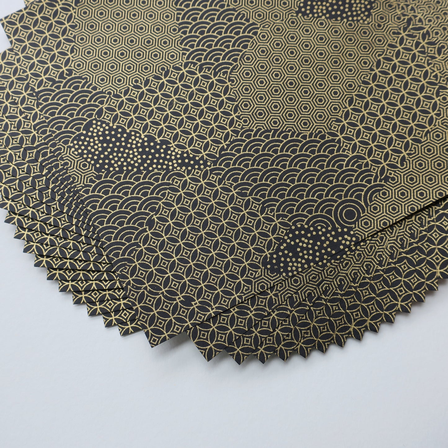 Pack of 20 Sheets 14x14cm Yuzen Washi Origami Paper HZ-496 - Black Gold Mixed Geometric Patterns