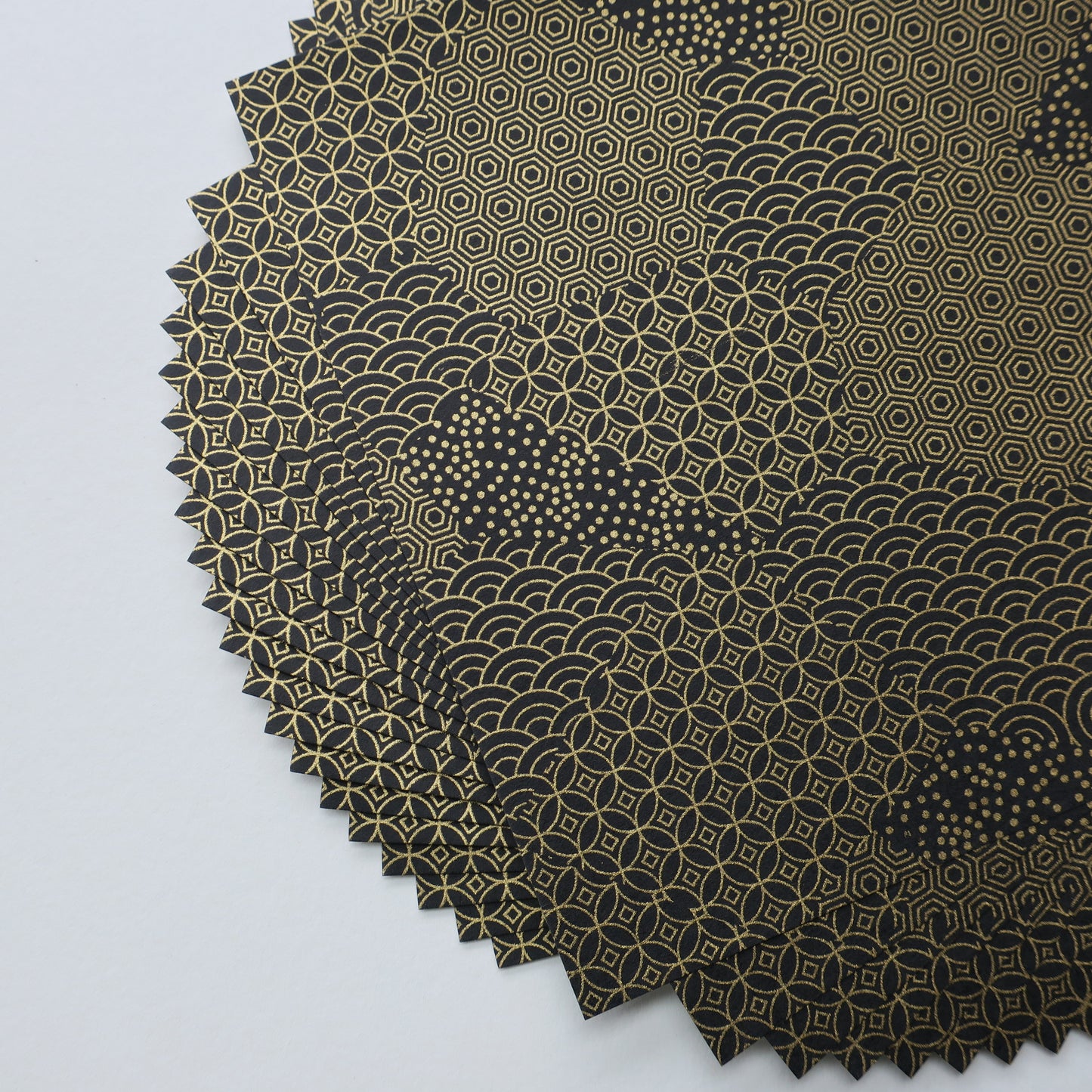 Pack of 20 Sheets 14x14cm Yuzen Washi Origami Paper HZ-496 - Black Gold Mixed Geometric Patterns
