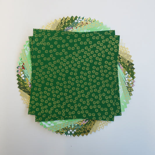 20 Sheets Green & Gold Themed Colours Yuzen Washi Origami Paper Mixed Patterns 14x14cm