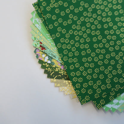 20 Sheets Green & Gold Themed Colours Yuzen Washi Origami Paper Mixed Patterns 14x14cm
