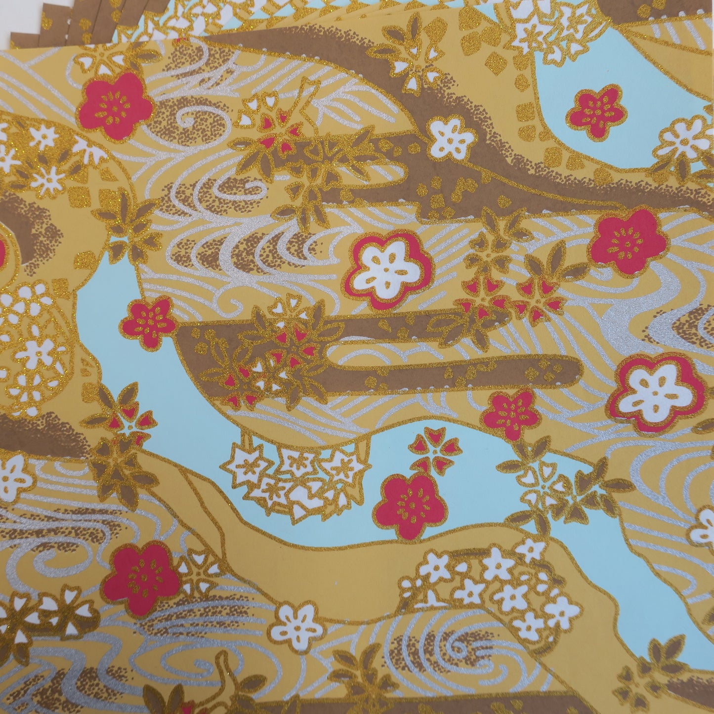 Paquet de 20 feuilles 14x14cm Papier Origami Yuzen Washi HZ-034 - Jardin d'eau fleuri