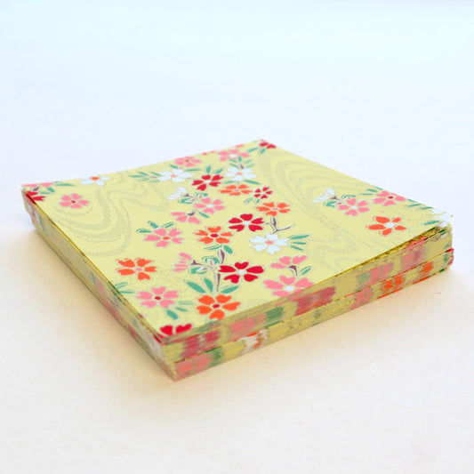 Pack of 100 Sheets 7x7cm Yuzen Washi Origami Paper HZ-456 - Cherry Blossom & Flowing Water Yellow