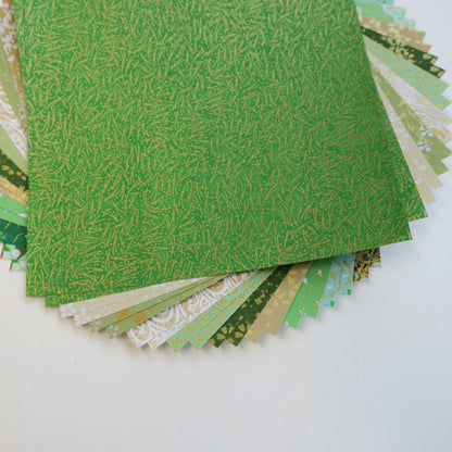 20 Sheets Green & Gold Themed Colours Yuzen Washi Origami Paper Mixed Patterns 14x14cm