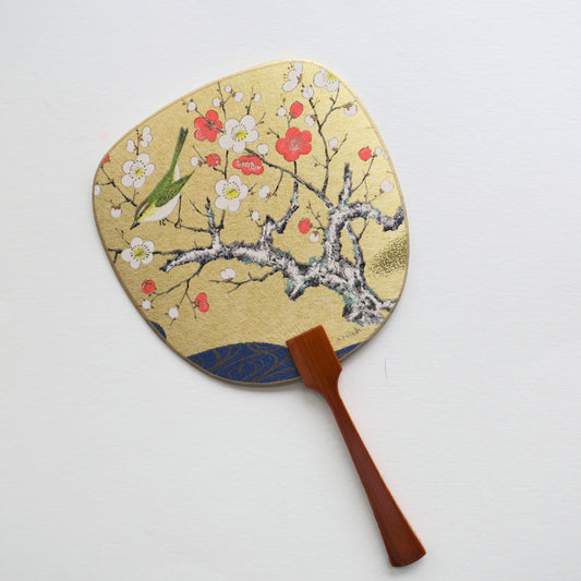 Uchiwa-fan Greeting Card - Bush Warbler on the Red and White Blooming Plum Tree - Cards - Lavender Home London