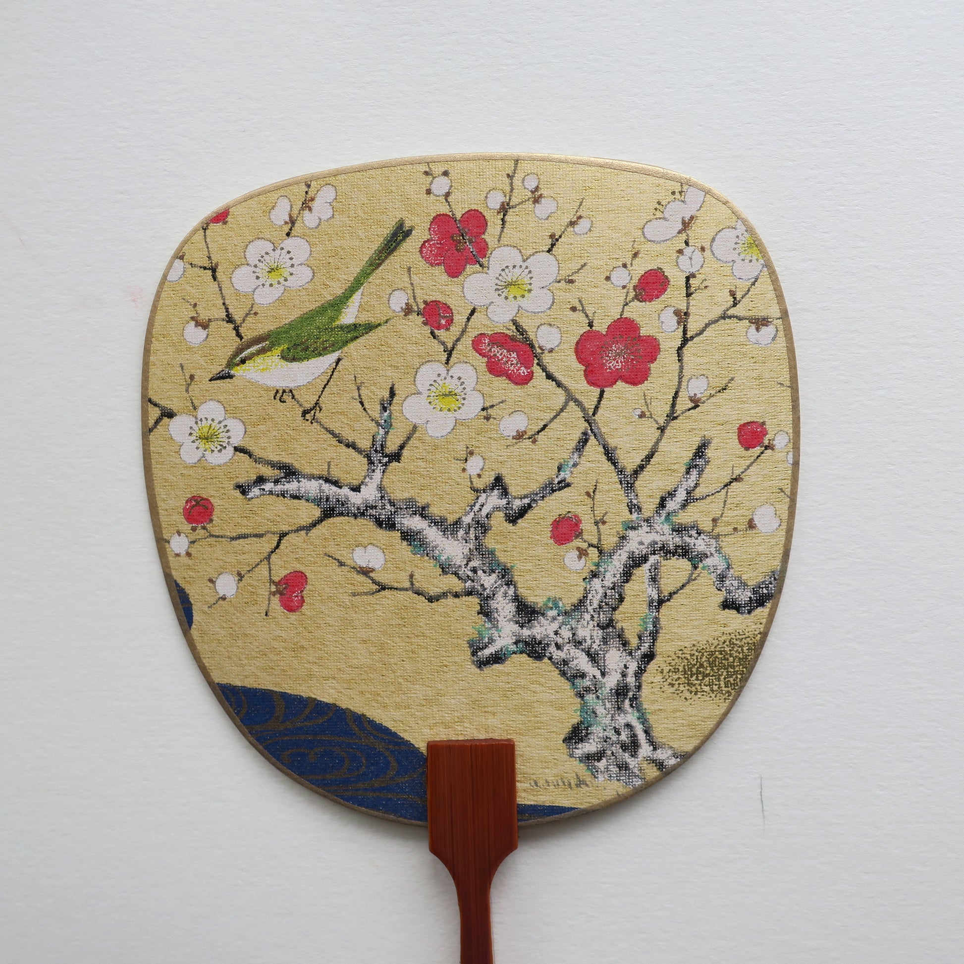 Uchiwa-fan Greeting Card - Bush Warbler on the Red and White Blooming Plum Tree - Cards - Lavender Home London