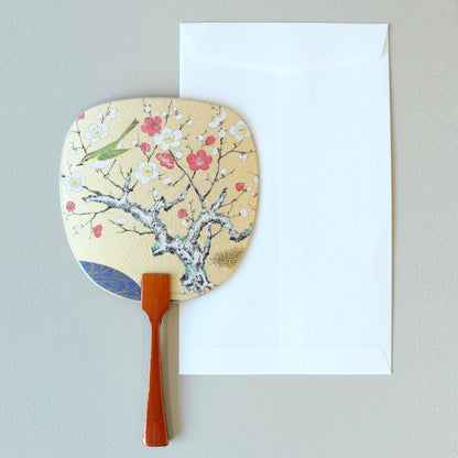 Uchiwa-fan Greeting Card - Bush Warbler on the Red and White Blooming Plum Tree - Cards - Lavender Home London