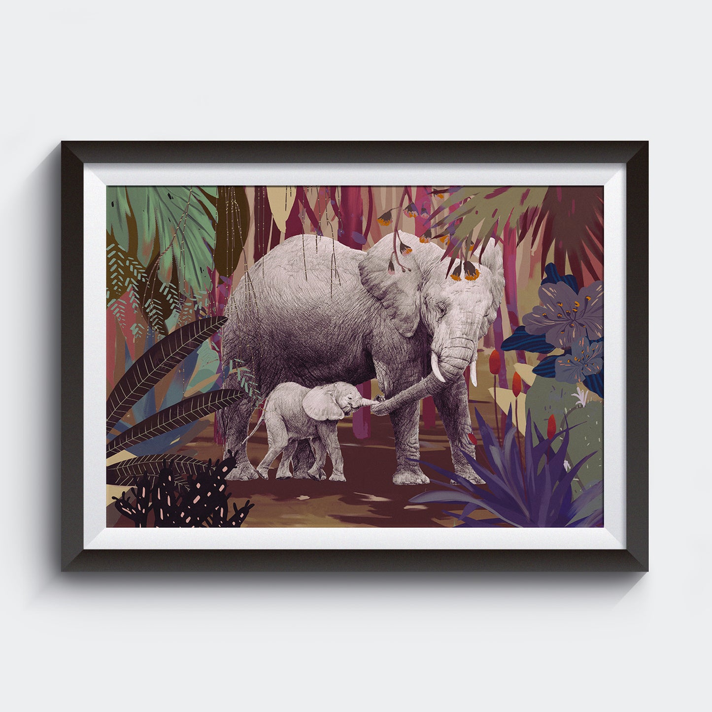 Nix Ren Original Art Print - Mum & Baby Elephants - Print - Lavender Home London