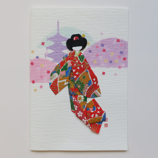 Handmade Origami Geisha Kimono Doll Greeting Card - A