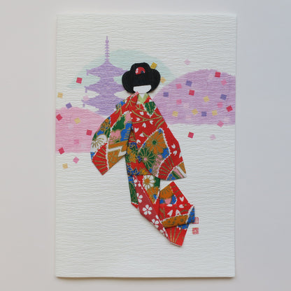 Handmade Origami Geisha Kimono Doll Greeting Card - A