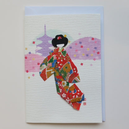 Handmade Origami Geisha Kimono Doll Greeting Card - A