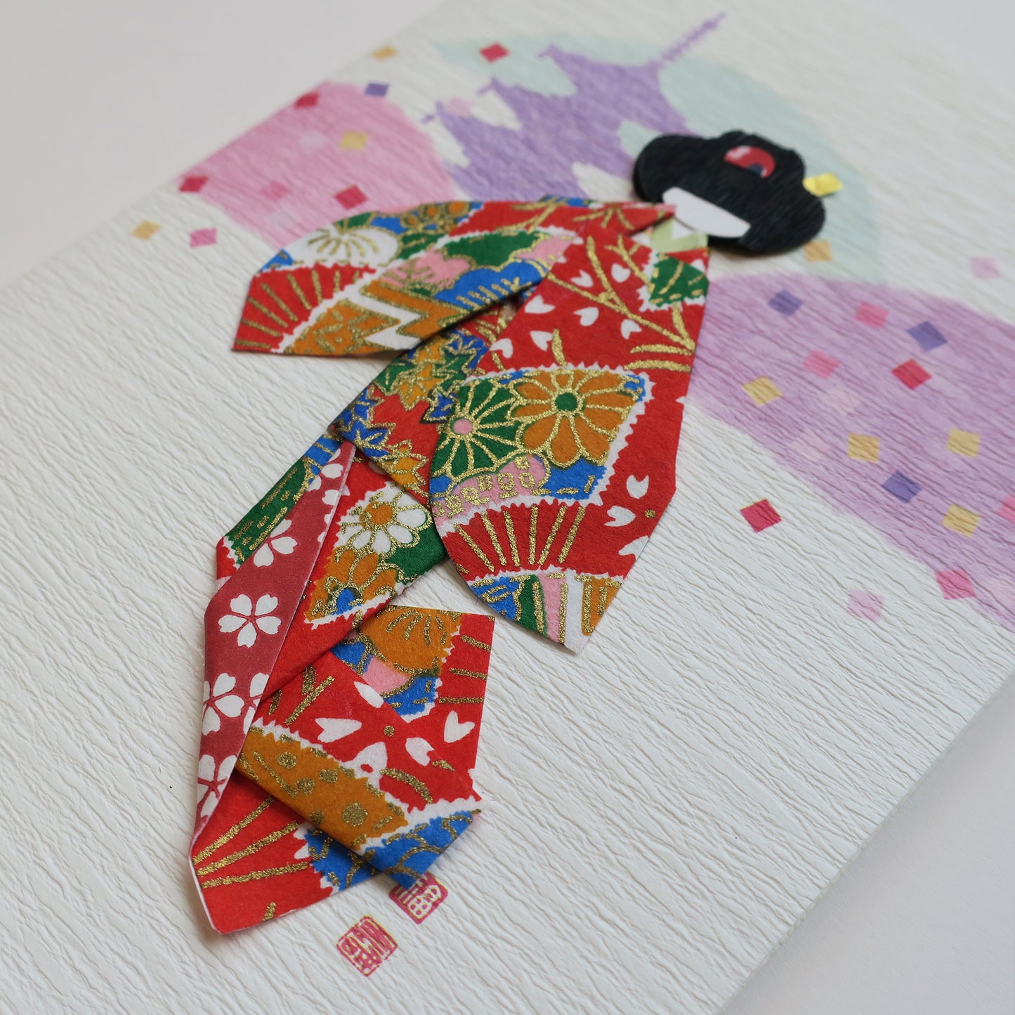 Tarjeta de felicitación de muñeca de kimono de origami hecha a mano - A