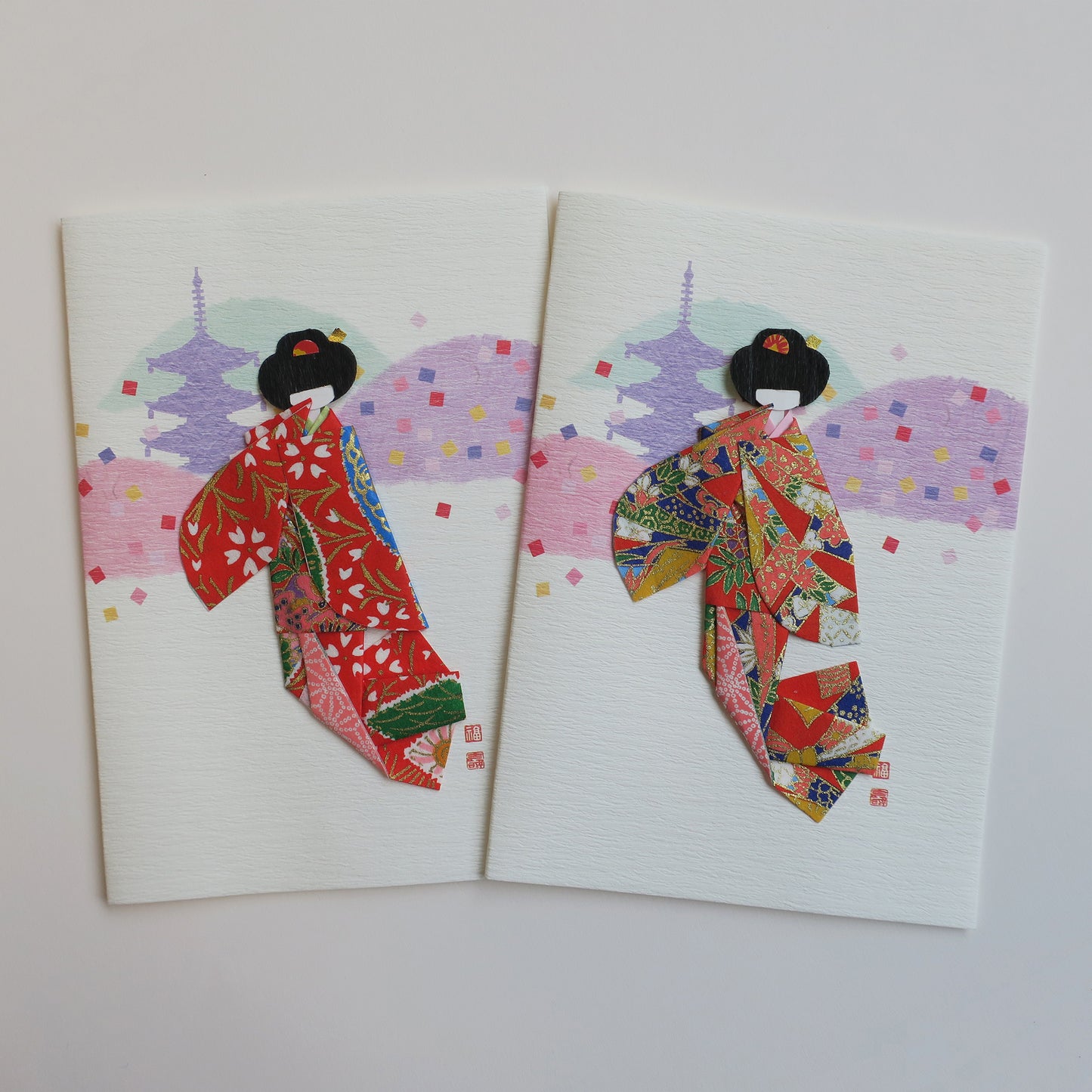 Tarjeta de felicitación de muñeca de kimono de origami hecha a mano - A