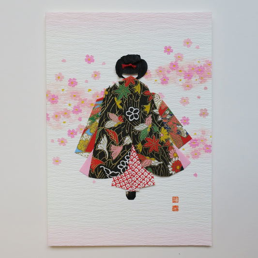 Handmade Origami Geisha Kimono Doll Greeting Card - B