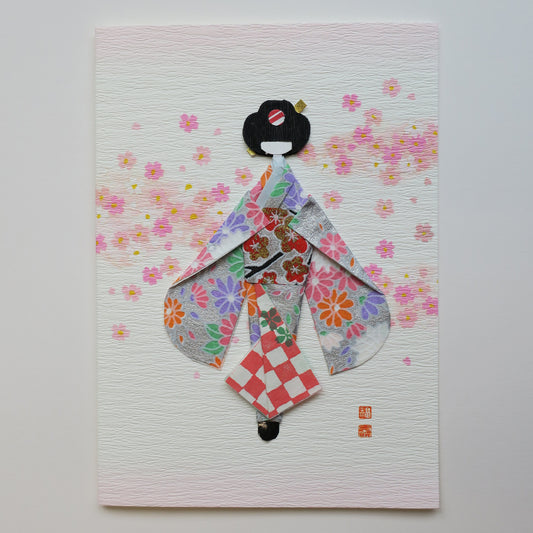 Handmade Origami Geisha Kimono Doll Greeting Card - C