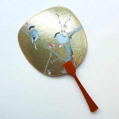 Uchiwa-fan Greeting Card - 2 Golden Eurasian Bullfinch Birds - Cards - Lavender Home London