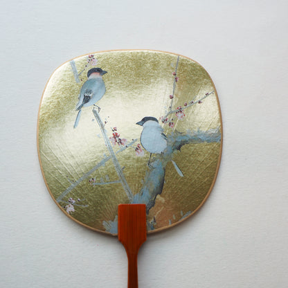 Uchiwa-fan Greeting Card - 2 Golden Eurasian Bullfinch Birds - Cards - Lavender Home London