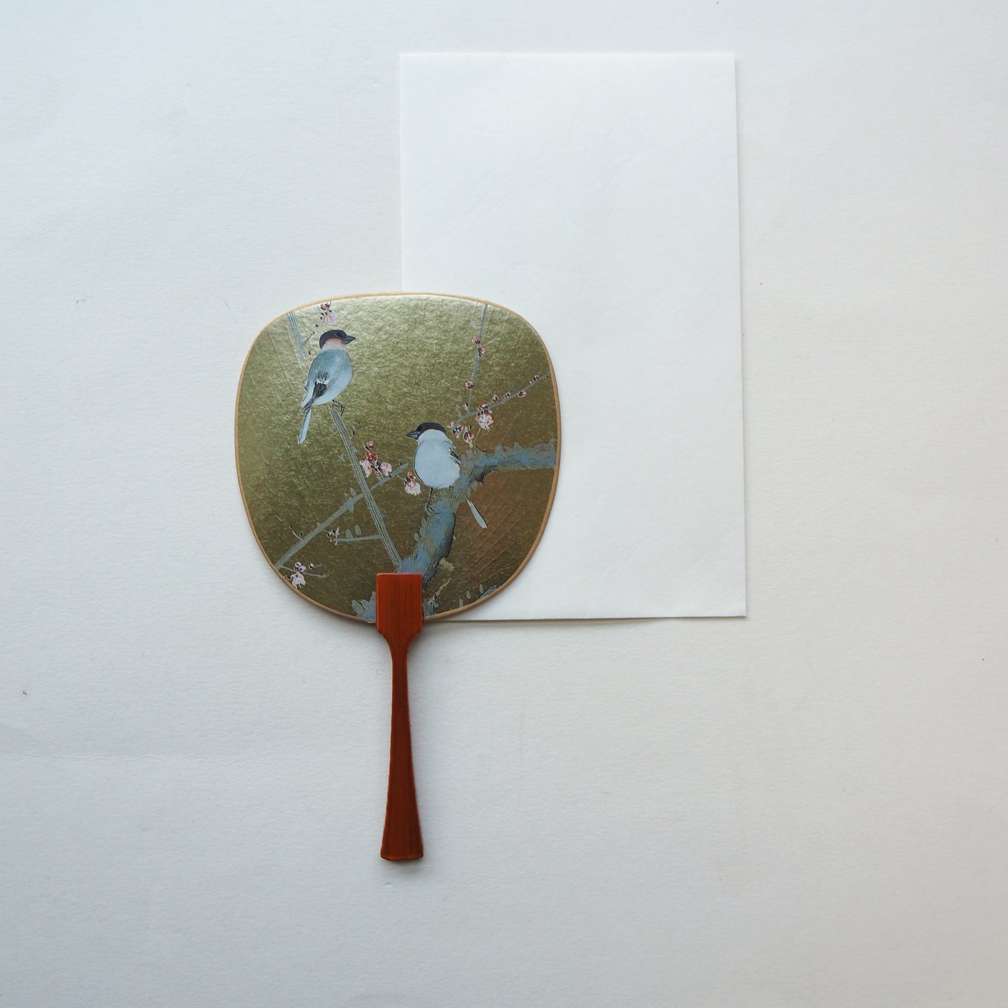 Uchiwa-fan Greeting Card - 2 Golden Eurasian Bullfinch Birds - Cards - Lavender Home London