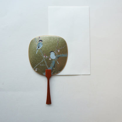 Uchiwa-fan Greeting Card - 2 Golden Eurasian Bullfinch Birds - Cards - Lavender Home London