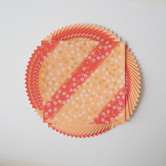 Pack of 20 Sheets 14x14cm Yuzen Washi Origami Paper HZ-469 - Small Cherry Blossom Orange Shades Stripes