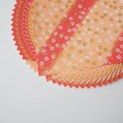 Pack of 20 Sheets 14x14cm Yuzen Washi Origami Paper HZ-469 - Small Cherry Blossom Orange Shades Stripes