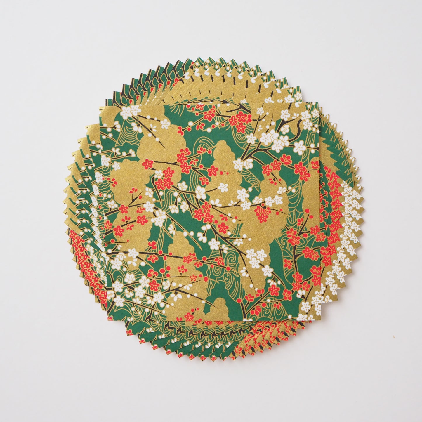 Paquete de 20 hojas de papel para origami Yuzen Washi de 14x14 cm HZ-493 - Flor de ciruelo y agua corriente, verde oscuro