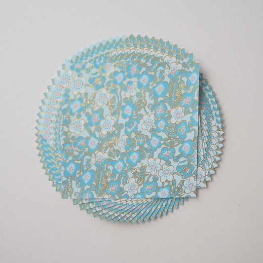Pack of 20 Sheets 14x14cm Yuzen Washi Origami Paper HZ-500 - Cloudy Plum Flower Aqua Blue