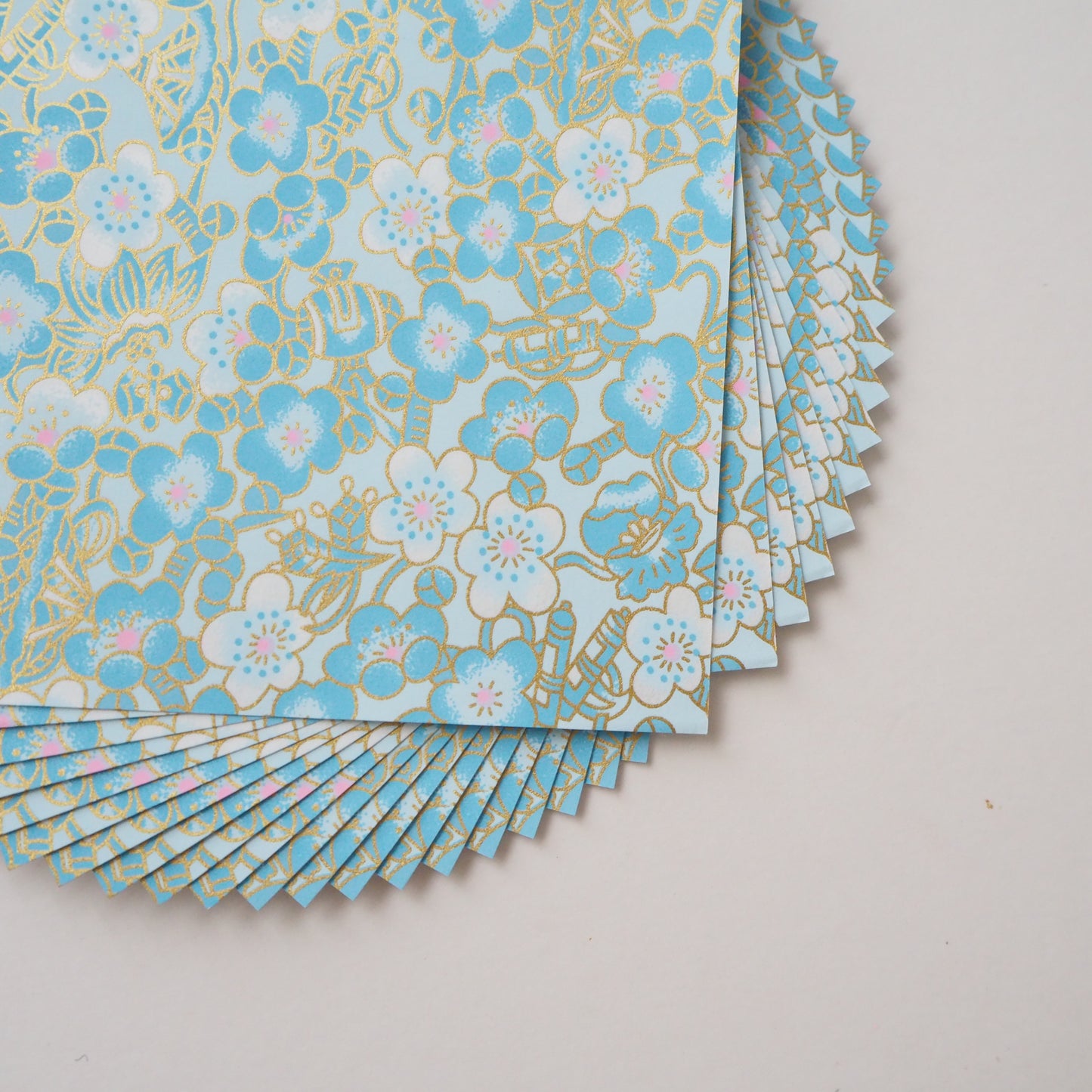 Pack of 20 Sheets 14x14cm Yuzen Washi Origami Paper HZ-500 - Cloudy Plum Flower Aqua Blue