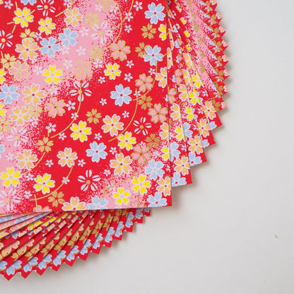 Pack of 20 Sheets 14x14cm Yuzen Washi Origami Paper HZ-501 - Outlined Cherry Blossom Red Gradation