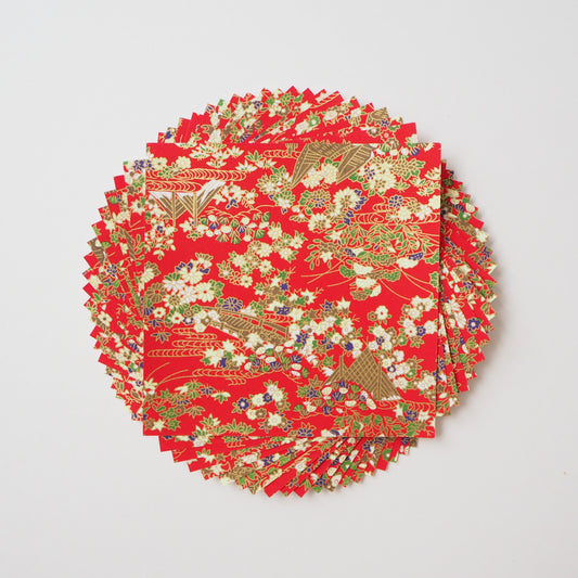 Pack de 20 feuilles 14x14cm Papier Origami Yuzen Washi HZ-396 - Filets de pêche &amp; Tourbillon Rouge