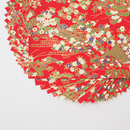 Pack de 20 feuilles 14x14cm Papier Origami Yuzen Washi HZ-396 - Filets de pêche &amp; Tourbillon Rouge