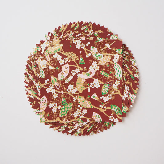 Paquete de 20 hojas de papel Yuzen Washi Origami de 14x14 cm HZ-398 - Abanicos florales marrón