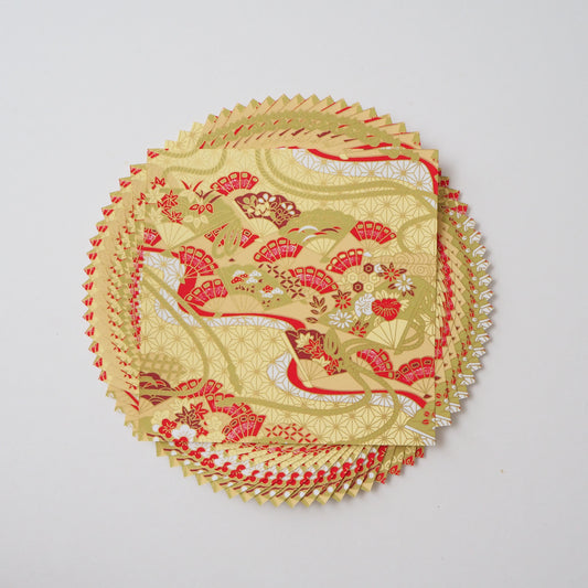 Paquet de 20 feuilles 14x14 cm Papier Origami Yuzen Washi HZ-449 - Éventails floraux et feuille de chanvre jaune