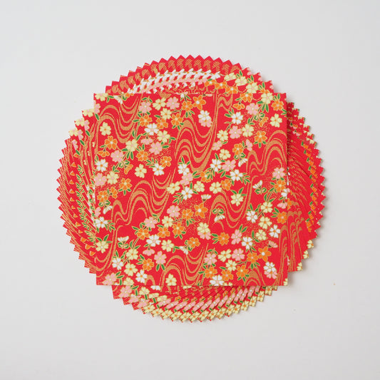 Paquete de 20 hojas de papel para origami Yuzen Washi de 14x14 cm HZ-455 - Flor de cerezo y agua corriente roja