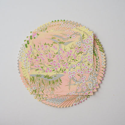 Paquete de 20 hojas de papel para origami Yuzen Washi de 14x14 cm HZ-420 - Flor de cerezo primaveral y bambú