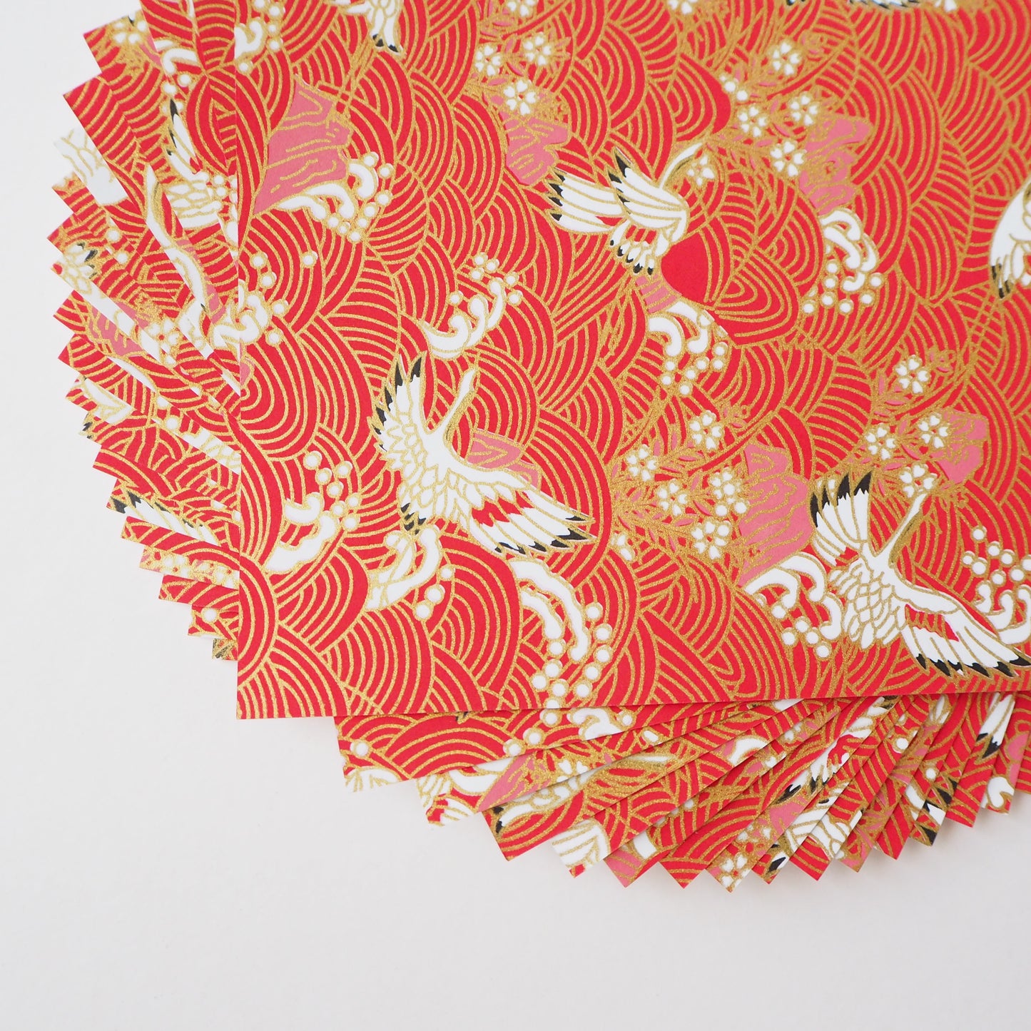 Pack of 20 Sheets 14x14cm Yuzen Washi Origami Paper HZ-315 - Cranes & Waves Red