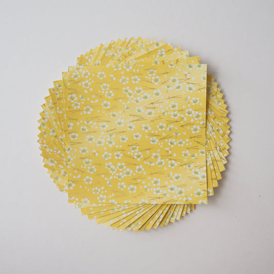 Pack de 20 Feuilles 14x14cm Papier Origami Yuzen Washi HZ-373 - Fleur de Cerisier &amp; Aiguilles de Pin Citron