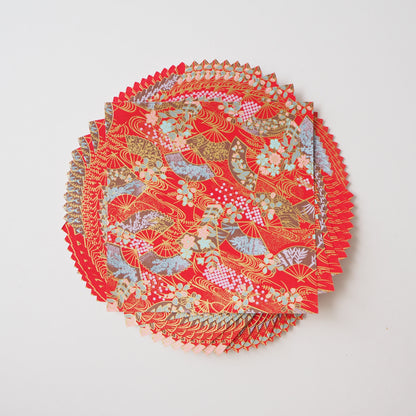 Pack of 20 Sheets 14x14cm Yuzen Washi Origami Paper HZ-371 - Floral Fans & Flowing Water Red