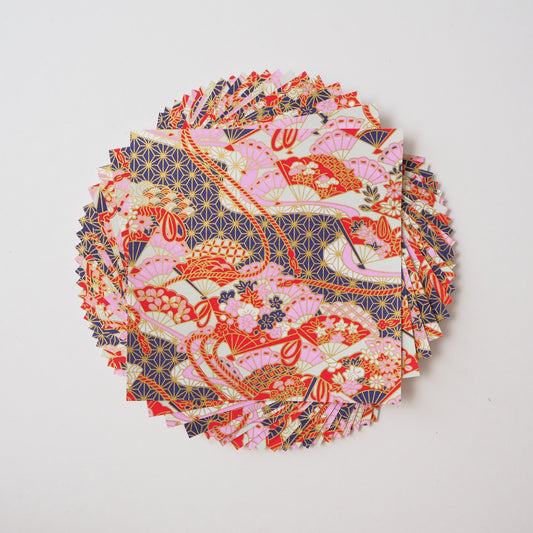 Pack of 20 Sheets 14x14cm Yuzen Washi Origami Paper HZ-365 - Floral Fans & Hemp Leaf Purple