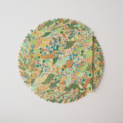 Paquete de 20 hojas de papel Yuzen Washi Origami HZ-348 14x14cm - Abanicos Olas Verde