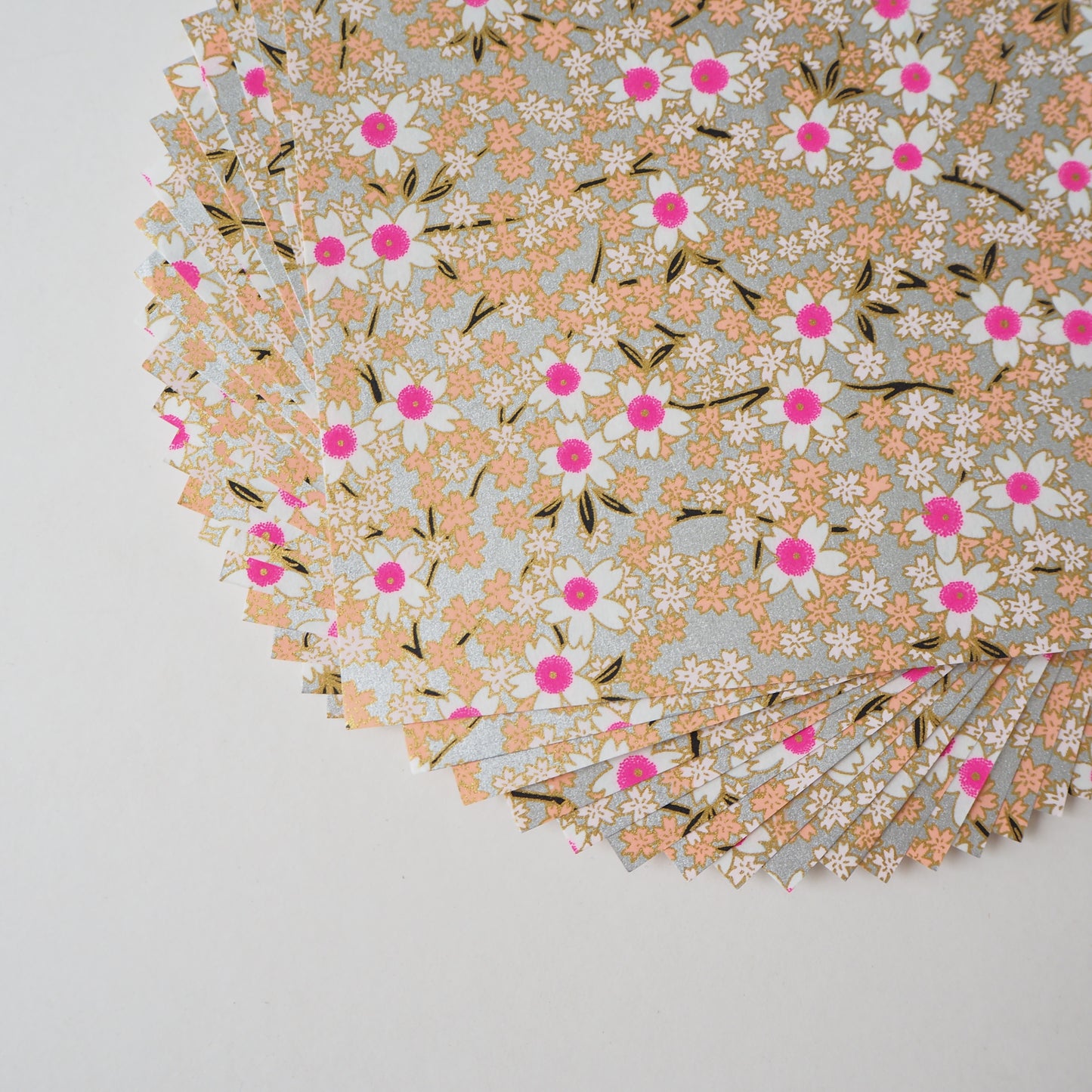 Pack of 20 Sheets 14x14cm Yuzen Washi Origami Paper HZ-344 - Pink Silver Cherry Blossom