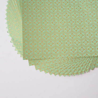 Pack of 20 Sheets 14x14cm Yuzen Washi Origami Paper HZ-256 - Mint Gold Tortoiseshell Diamond Flower