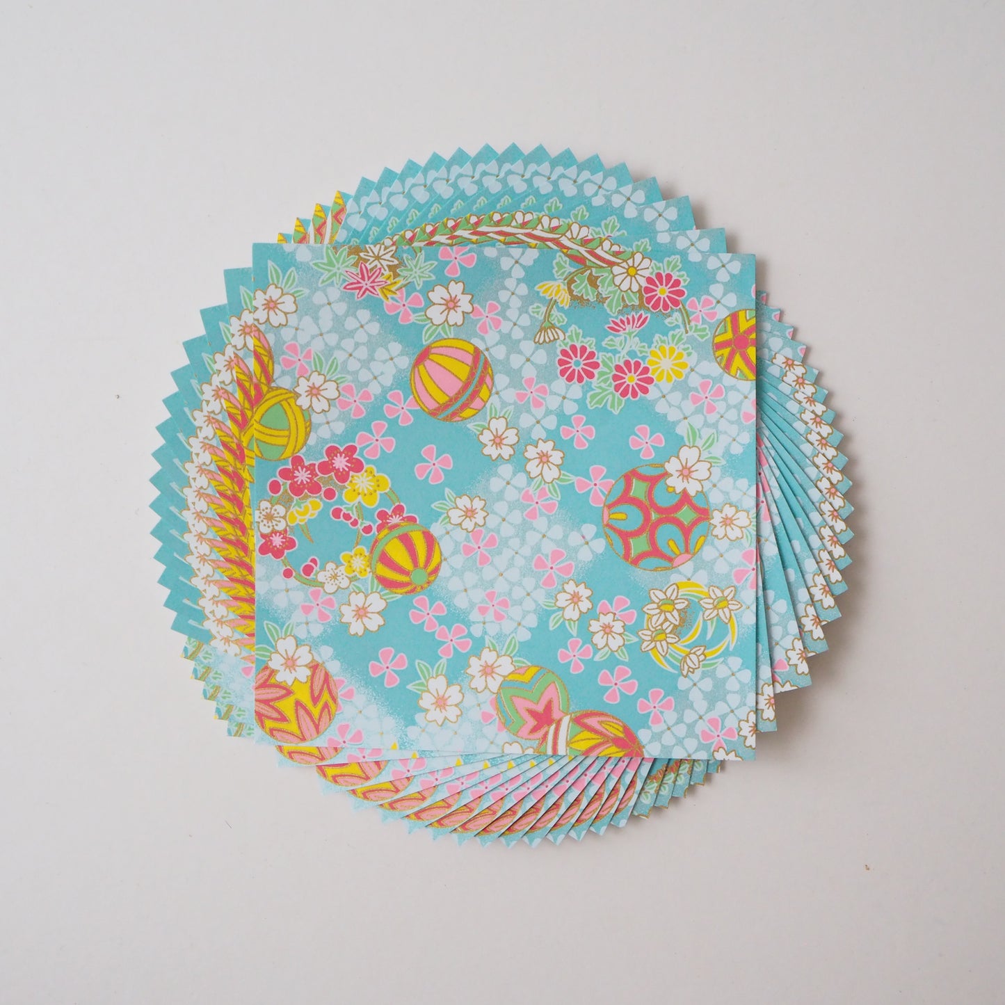 Pack of 20 Sheets 14x14cm Yuzen Washi Origami Paper HZ-283 - Temari Thread Balls & Cherry Blossom Aqua Blue