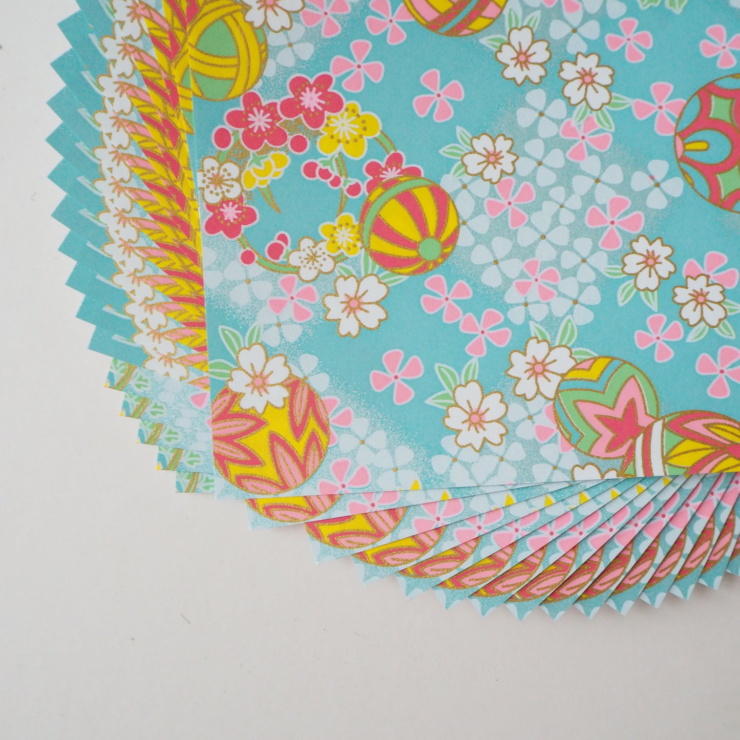 Pack of 20 Sheets 14x14cm Yuzen Washi Origami Paper HZ-283 - Temari Thread Balls & Cherry Blossom Aqua Blue