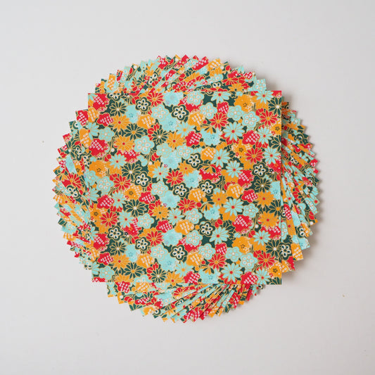 Paquete de 20 hojas de papel para origami Yuzen Washi de 14x14 cm HZ-309 - Crisantemos florales verdes